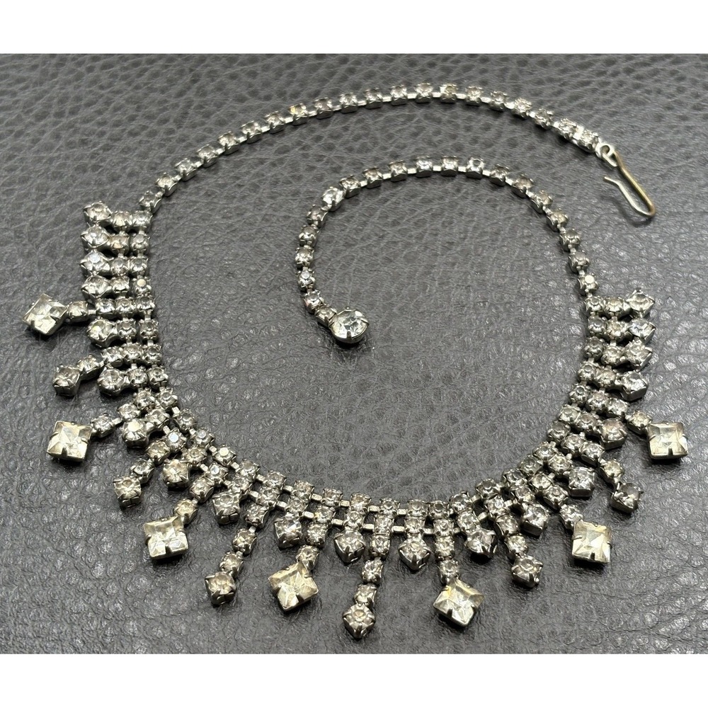 VTG Warner Rhinestone Fringe Bib Necklace Clear Crystal Choker Silver Tone 15"